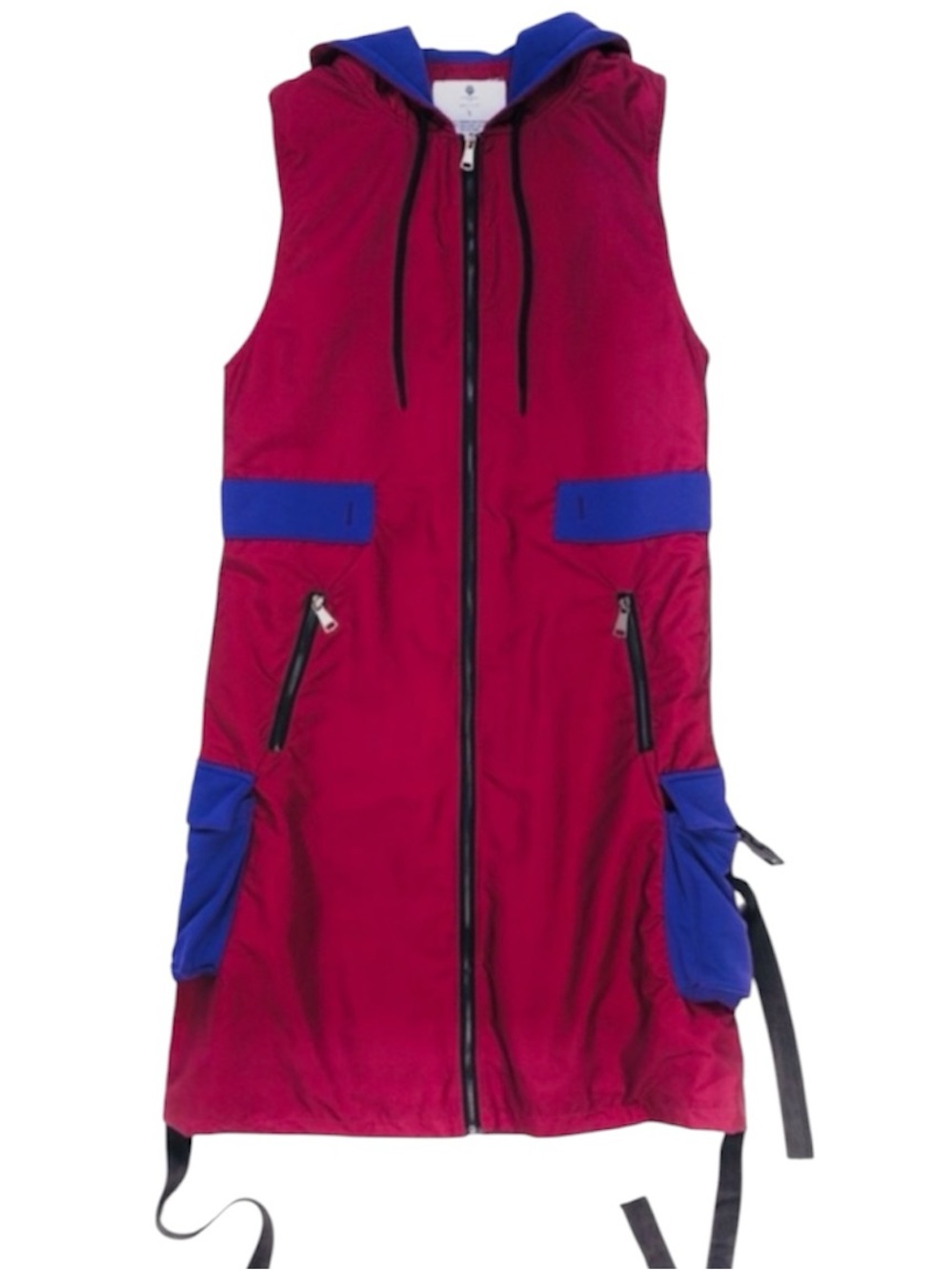 Sacer Sleeveless Hooded Zip Front Dress Vest in Burgundy & Blue